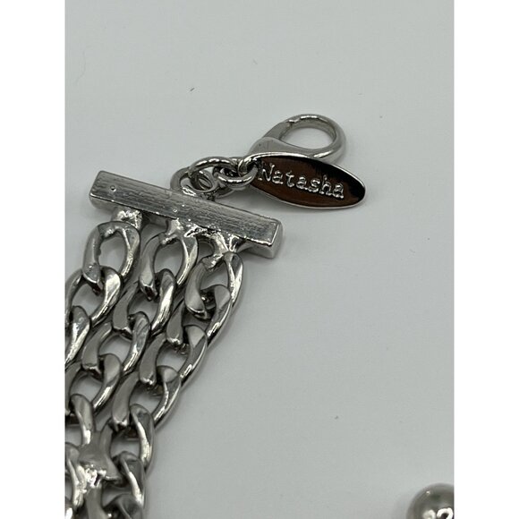 Silver tone Natasha Statement Necklace With Green & Clear Gemstones 10" Length - Picture 2 of 8